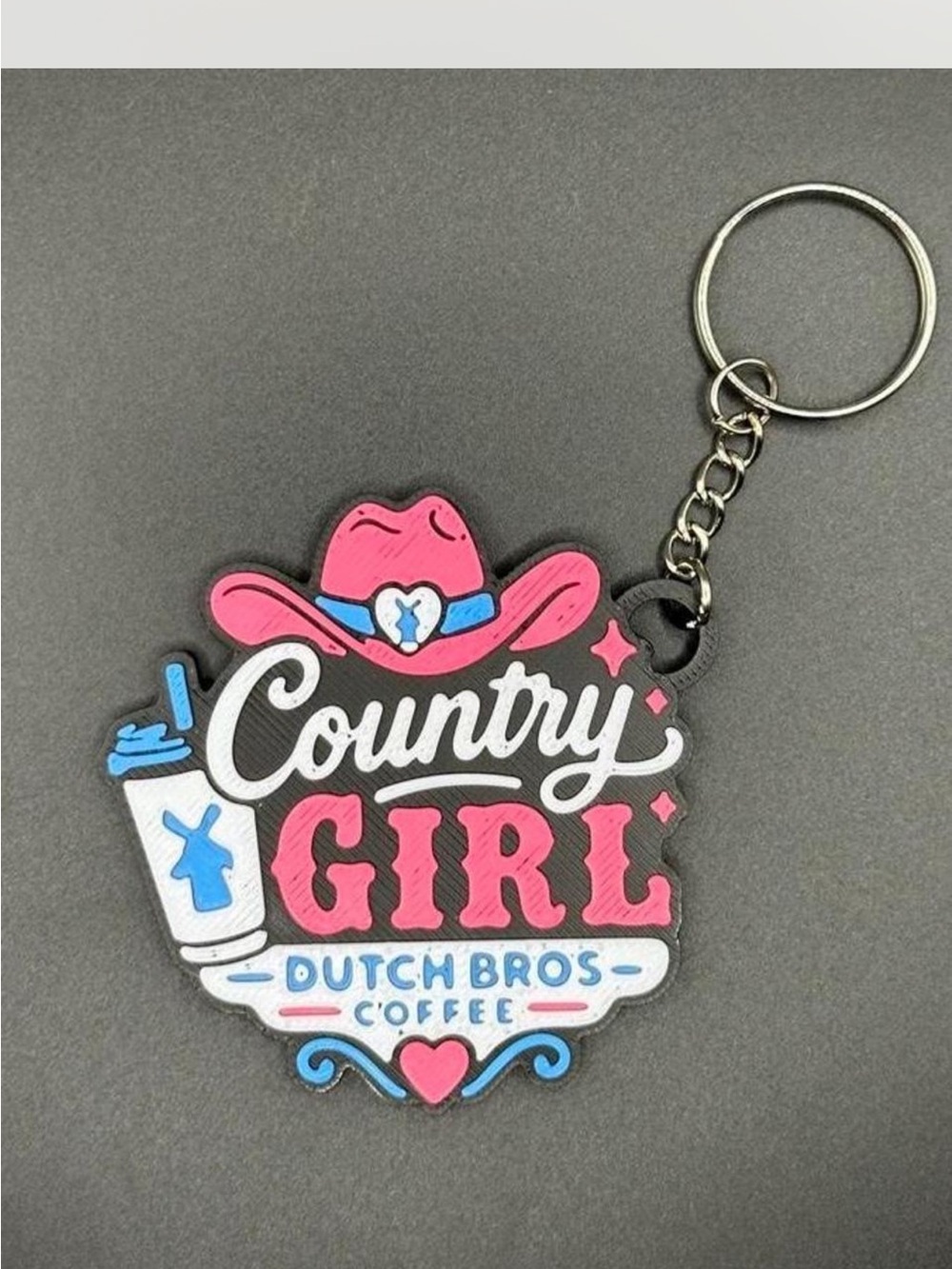 Dutch Bros Country Girl  Keychain in Pink, Blue, White and Black